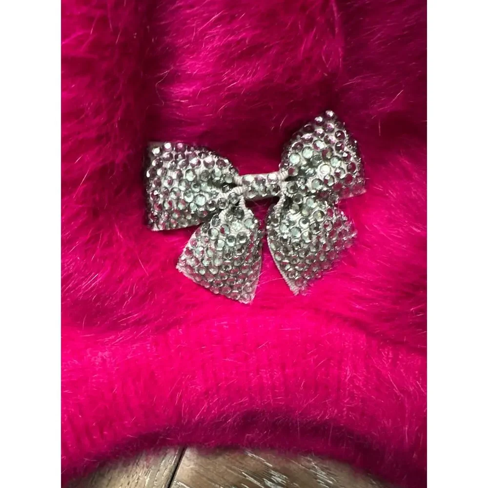 LOT x 2 Winter Hats Magenta Jeweled Bow Beret Cap & Navy Bucket Snowflake